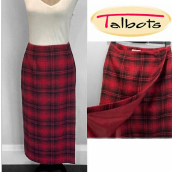 Talbots Red Plaid Wool Maxi Wrap Skirt Size 8P | Italian Fabric Winter Classic - Picture 1 of 14